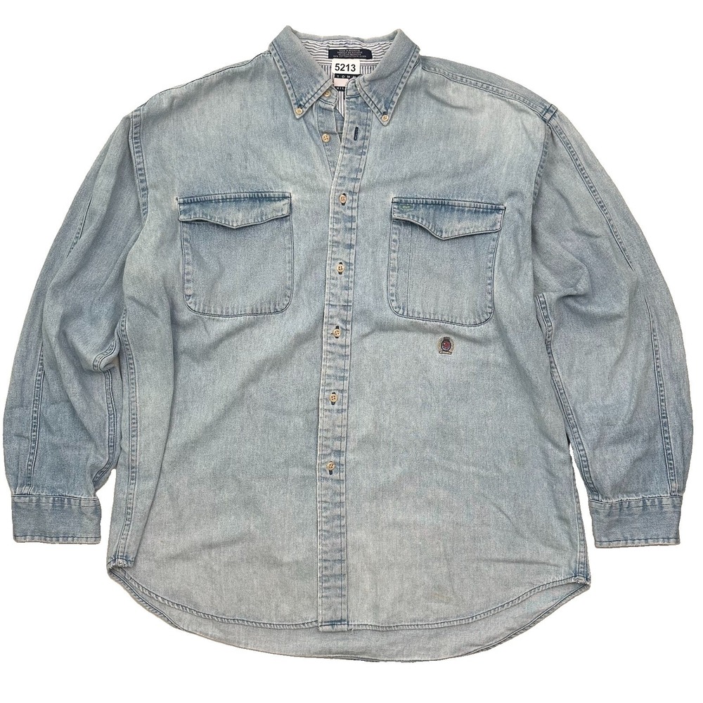VTG Tommy Hilfiger Denim Shirt Men Large Blue Y2K Baggy Oversized Distressed